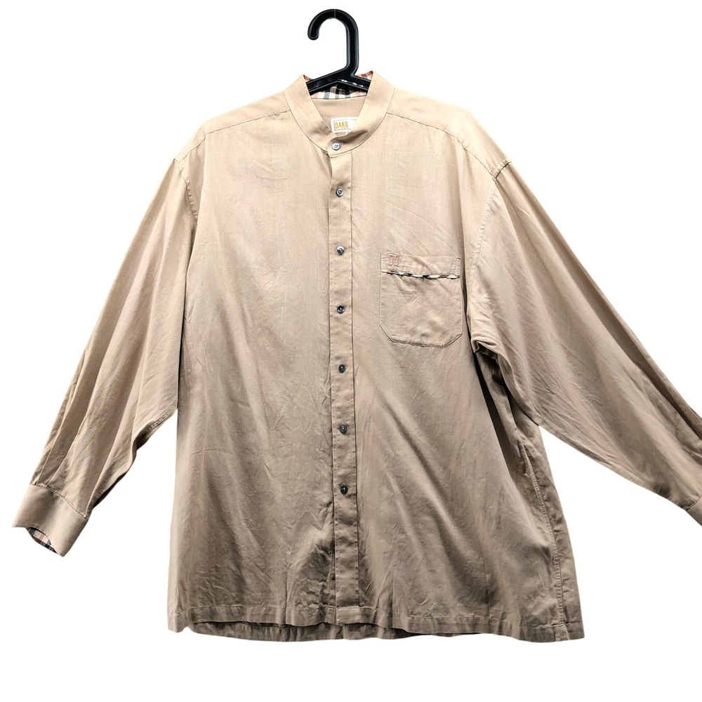 Vintage Daks London Band Collar Shirt Mens XL Tan Beige Check Trim British